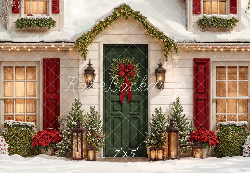 Kate Christmas Snowy House Green Door Wreath Lanterns Backdrop Designed by Emetselch
