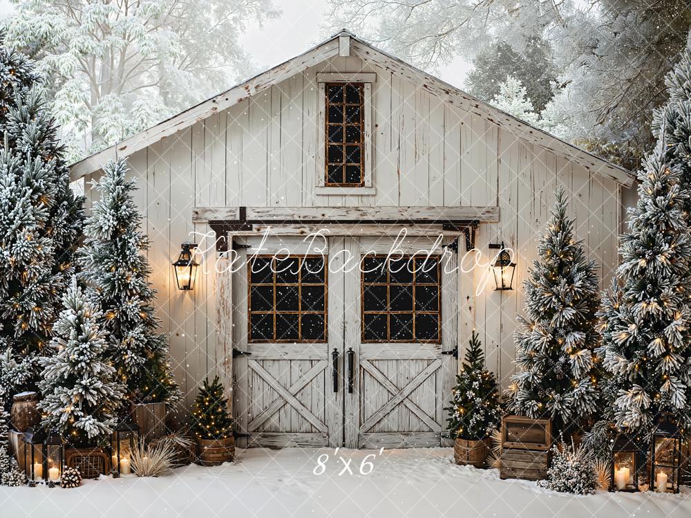 Kate Christmas Winter Snowy Barn Pine Trees Lanterns Backdrop Designed by Emetselch