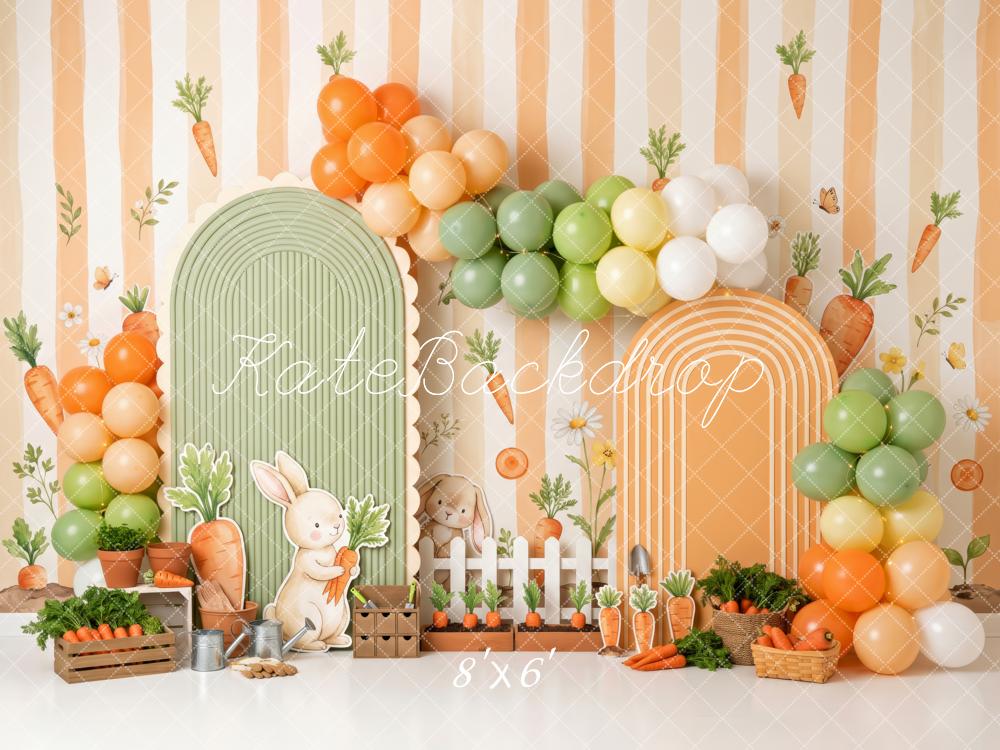 Kate Easter Birthday Carrot Stripe Balloons Arches Bunny Garden Printed Backdrop Designed by Patty Roberts
