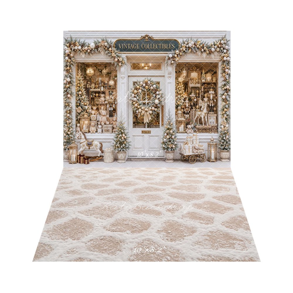 Kate Christmas Vintage Collectibles Nutcracker Storefront Printed Backdrop+Beige Cobblestone Snowy Floor Printed Backdrop