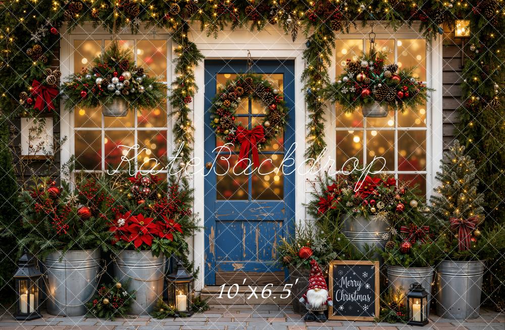Kate Christmas Blue Door Garland Poinsettia Lanterns Printed Backdrop Designed by Emetselch