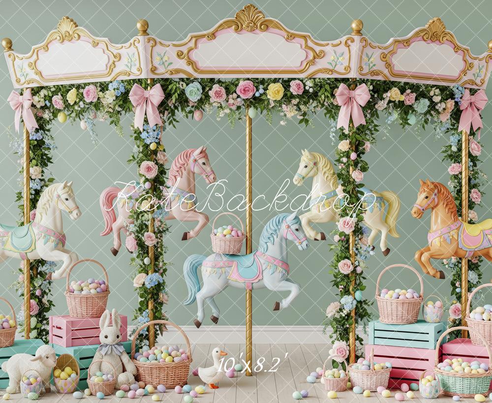 Kate Easter Carousel Bunny Pastel Eggs Floral Garland Printed Backdrop Designed by Patty Roberts