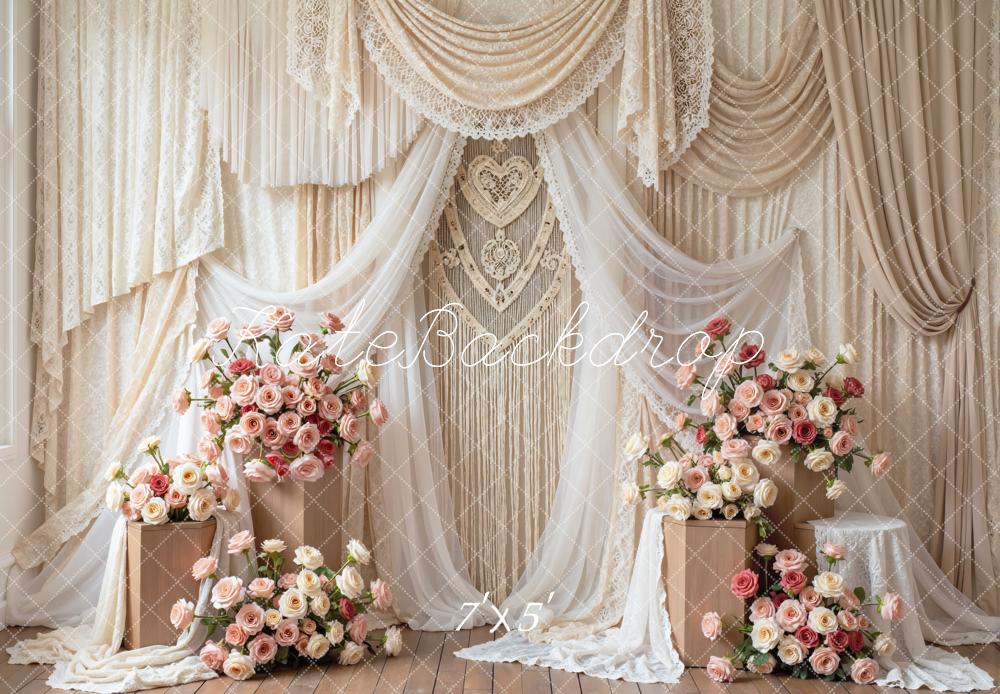 Kate Spring Flower Arch Cream Drapes Macrame Roses Backdrop Designed by Mini MakeBelieve