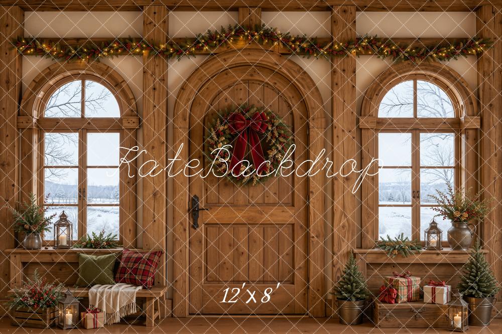 Kate Christmas Rustic Wooden Door Garland Arched Windows Gifts Printed Backdrop Designed by Emetselch