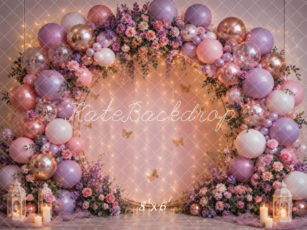 Kate Cake Smash Fairy Flower Arch Balloon Garland Pink Purple Printed Backdrop Designed by Vertigo Productions