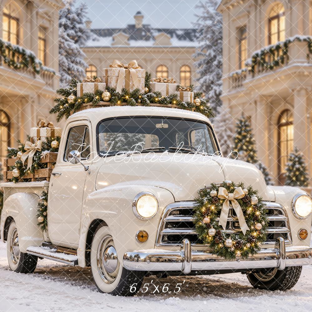 Kate Christmas Vintage Truck Gifts Snowy Courtyard Printed Backdrop Designed by Emetselch