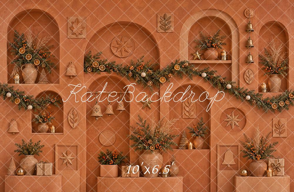 Kate Christmas Terracotta Arches Garland Botanicals Bells Printed Backdrop Designed by Vertigo Productions
