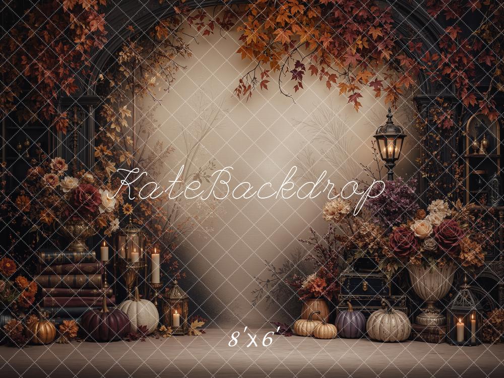 Kate Fall Vintage Floral Pumpkin Lantern Arch Books Leaves Printed Backdrop Designed by Jordan Moon