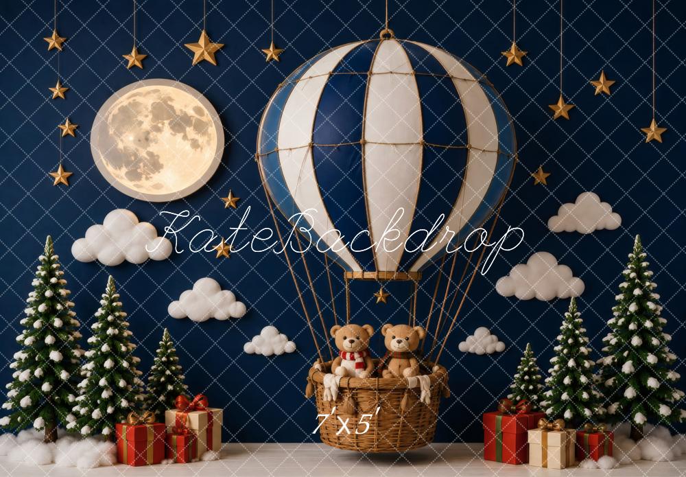 Kate Christmas Hot Air Balloon Full Moon Teddy Bear Printed Backdrop Designed by Vertigo Productions