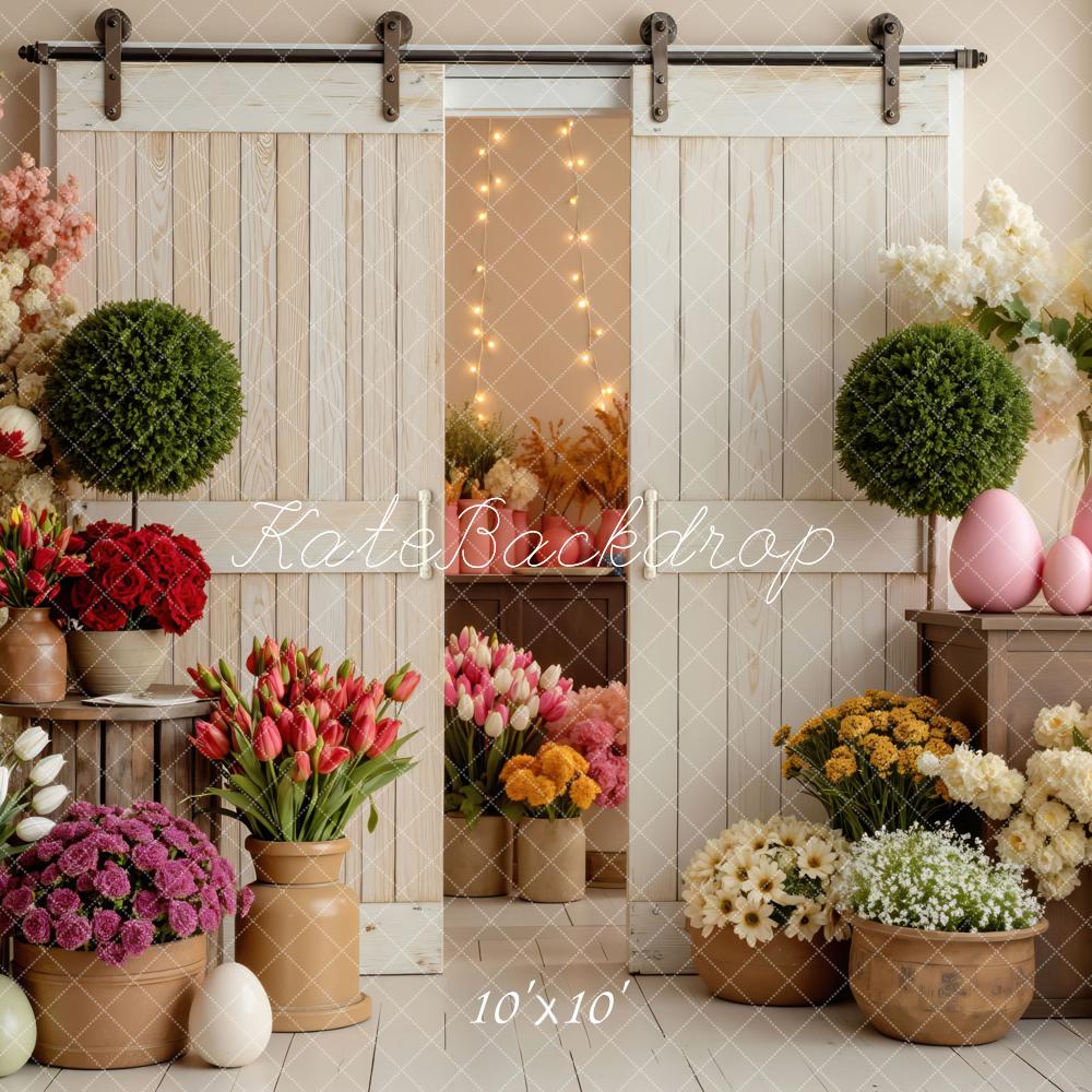 Kate Easter Flowers Pink Eggs Barn Door Printed Backdrop Designed by Mini MakeBelieve