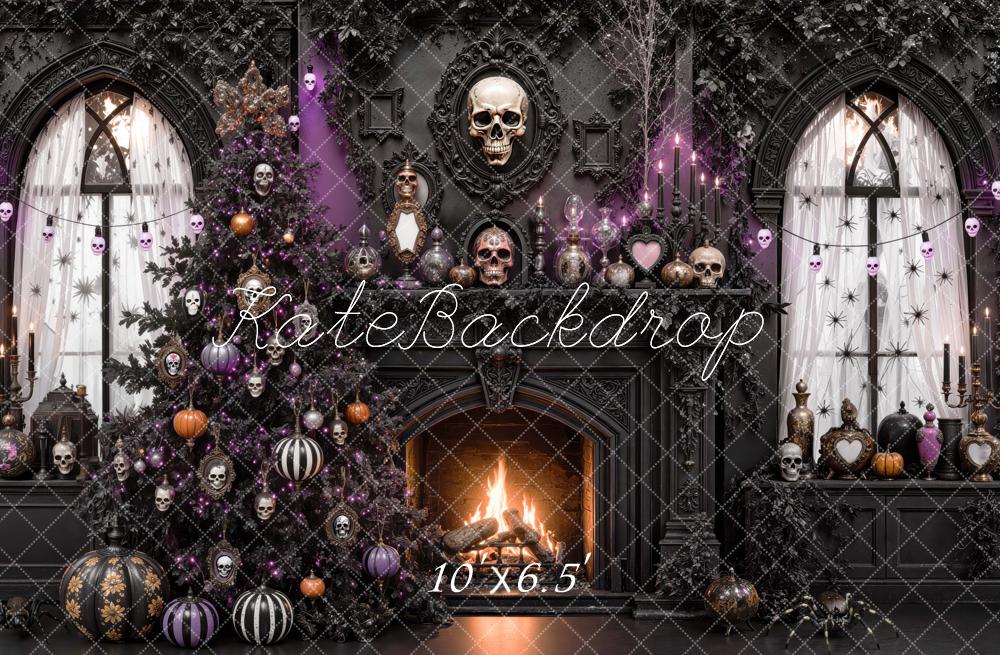 Kate Halloween Gothic Fireplace Skull Tree Black Printed Backdrop Designed by Mini MakeBelieve