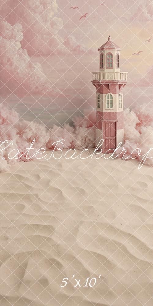 Kate Sweep Beach Pink Lighthouse Sandy Clouds Printed Backdrop Designed by Angela Miller
