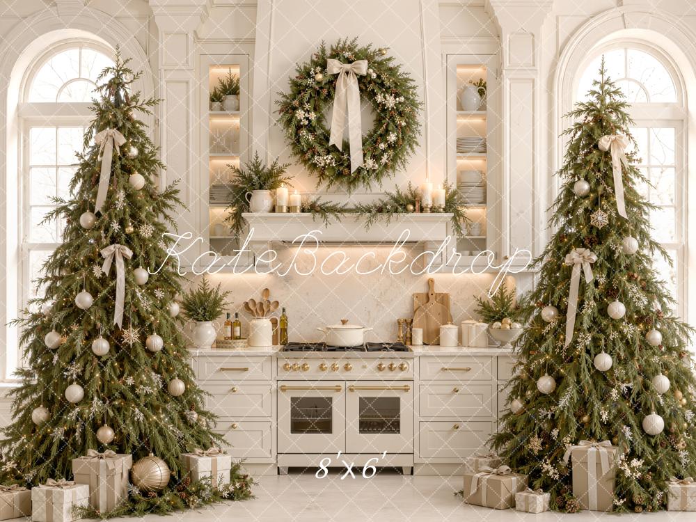 Kate Christmas White Kitchen Trees Wreath Bow Arched Window Printed Backdrop Designed by Emetselch