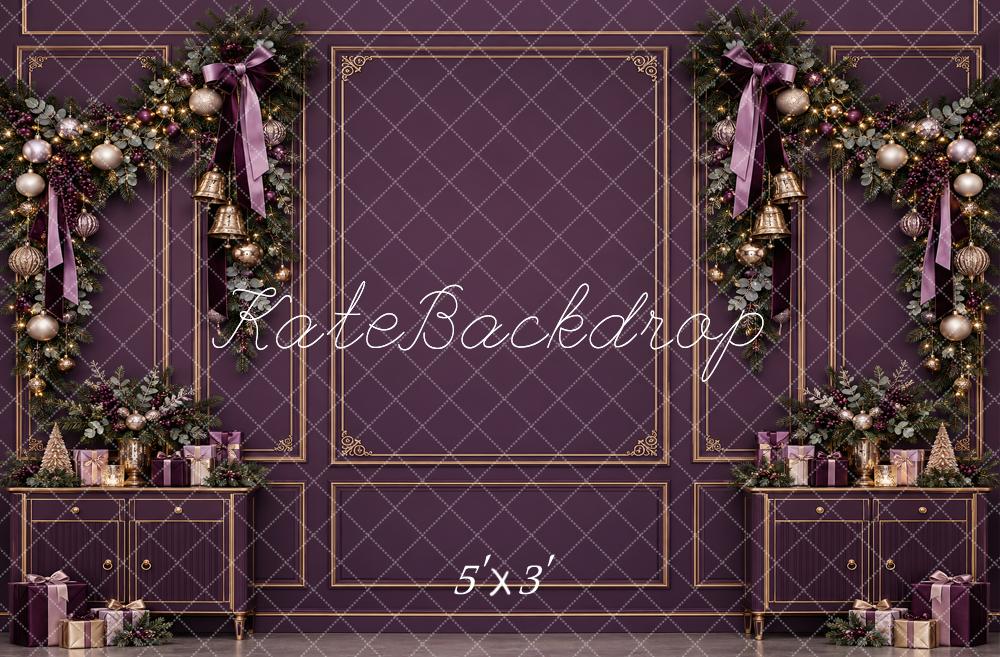 Kate Christmas Purple Garland Cabinet Gold Molding Bows Printed Backdrop Designed by Vertigo Productions