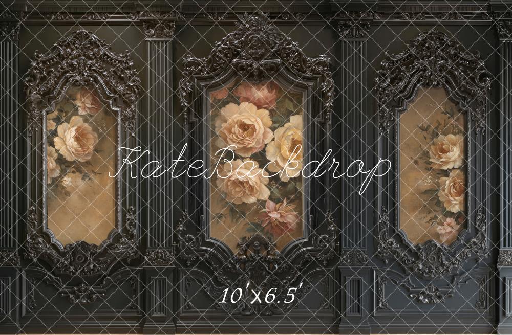 Kate Black Ornate Vintage Wall Floral Roses Printed Backdrop Designed by Emetselch