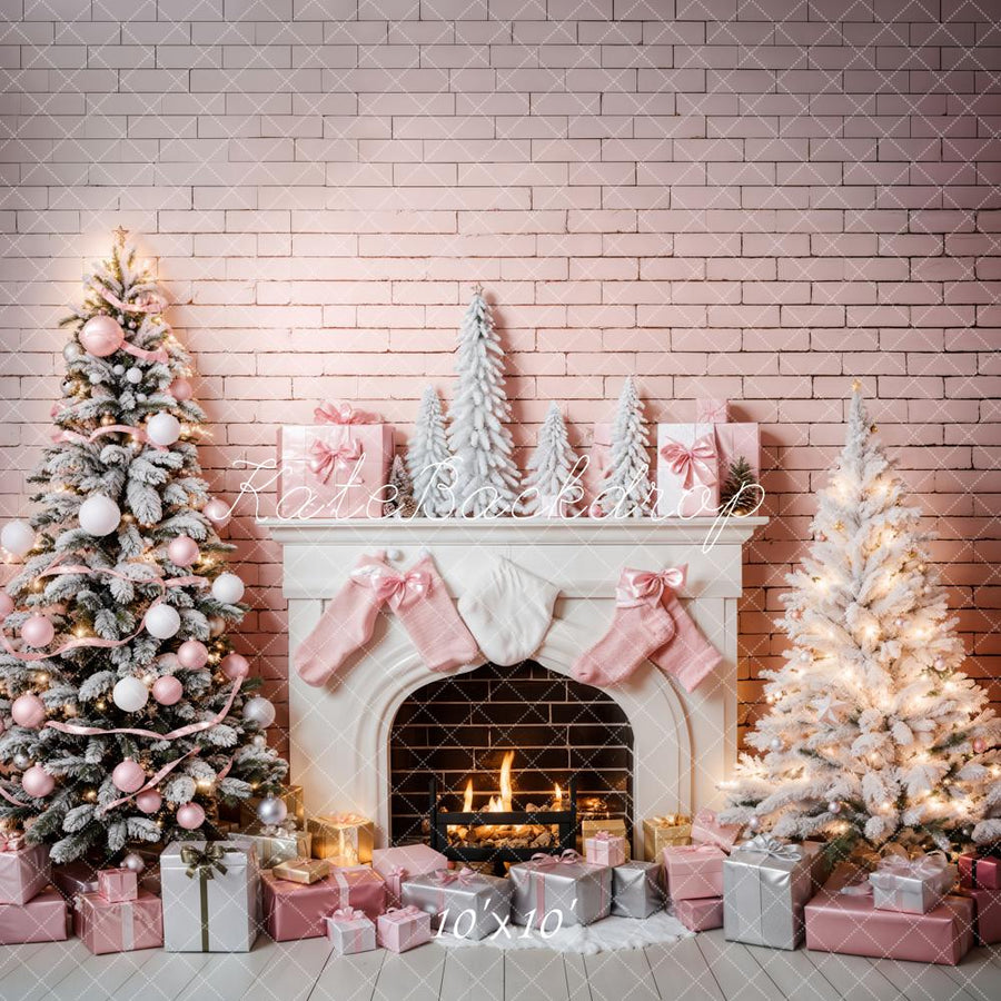 Elegant Pink Christmas Fireplace Backdrop