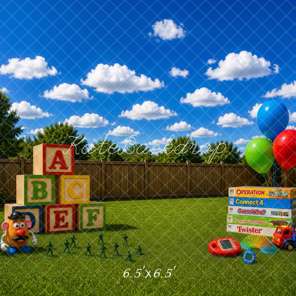 Kate Kids Backyard Toys Balloons Blocks Board Games Printed Backdrop Designed by Megan Leigh Photography
