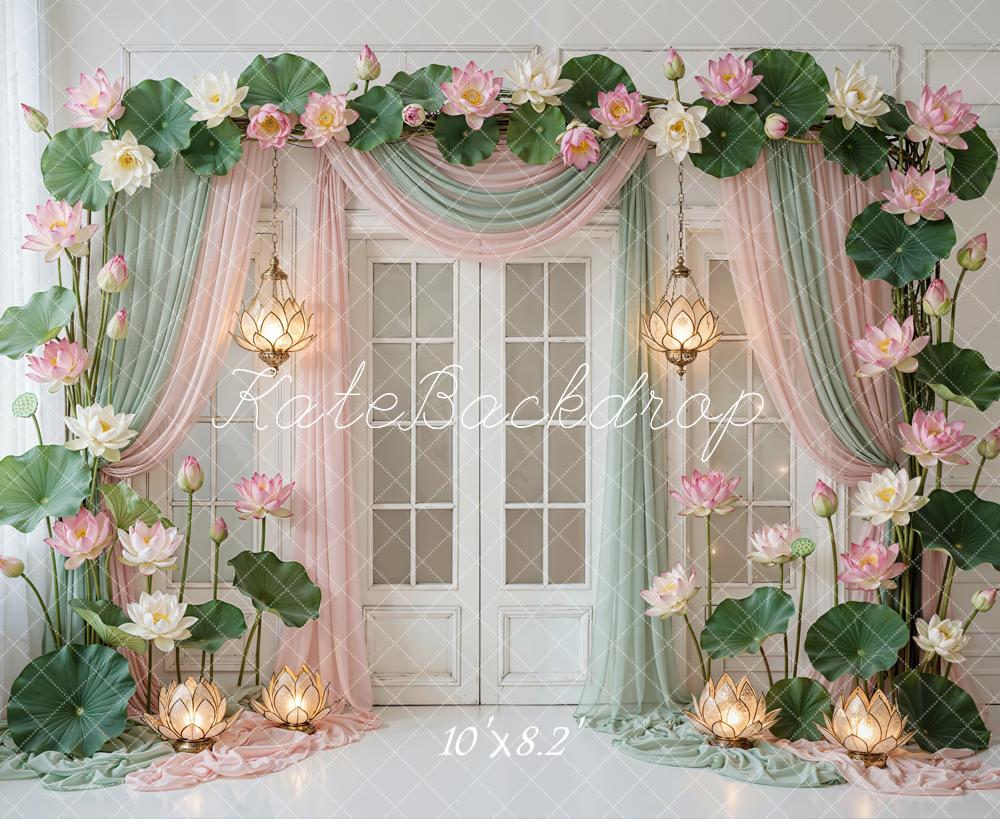 Kate Summer Lotus Flower Arch Pastel Drapes Printed Backdrop Designed by Emetselch