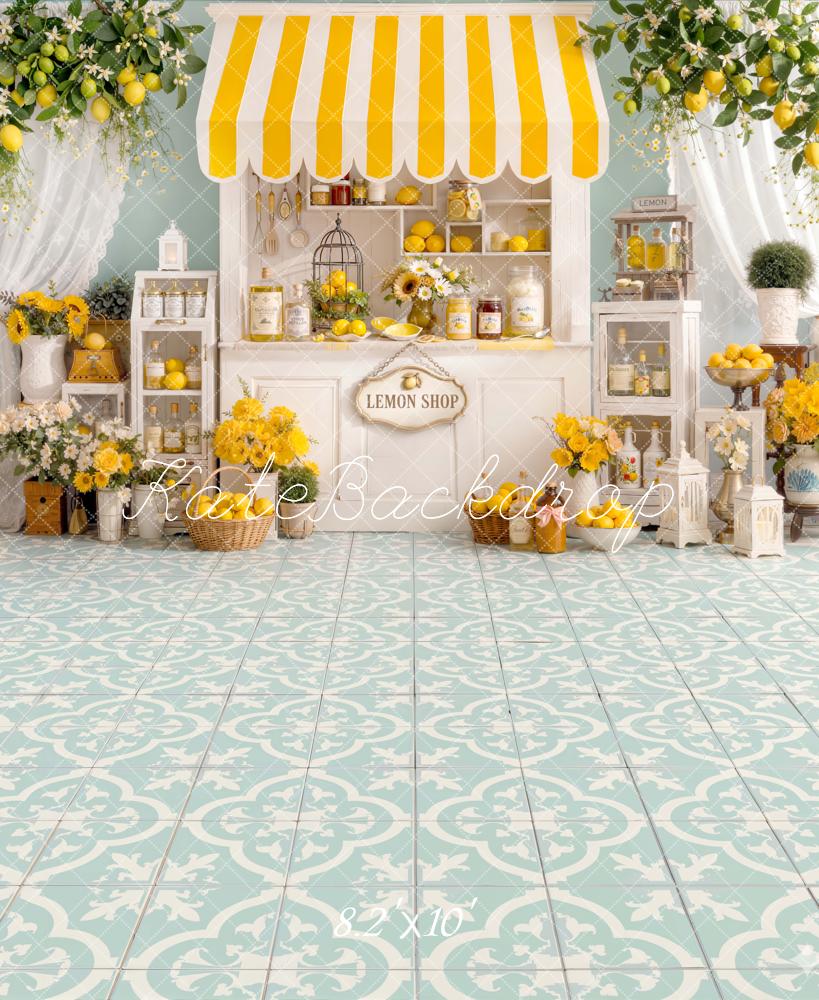 Kate Summer Lemon Shop Yellow Striped Awning Floral Floor Printed Backdrop Printed Backdrop Designed by Emetselch