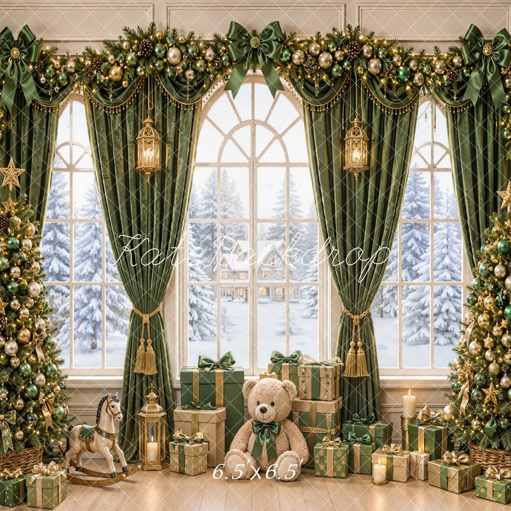 Kate Christmas Window Snowy Green Curtains Trees Teddy Bear Gifts Printed Backdrop Designed by Emetselch