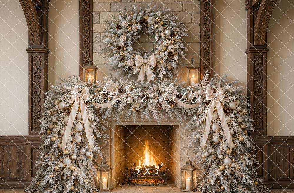 Kate Christmas Fireplace Wreath Garland Lanterns Printed Backdrop Designed by Emetselch