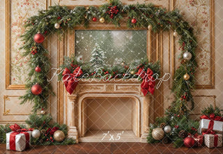 Kate Christmas Fireplace Garland Arch Retro Printed Backdrop Designed by Emetselch