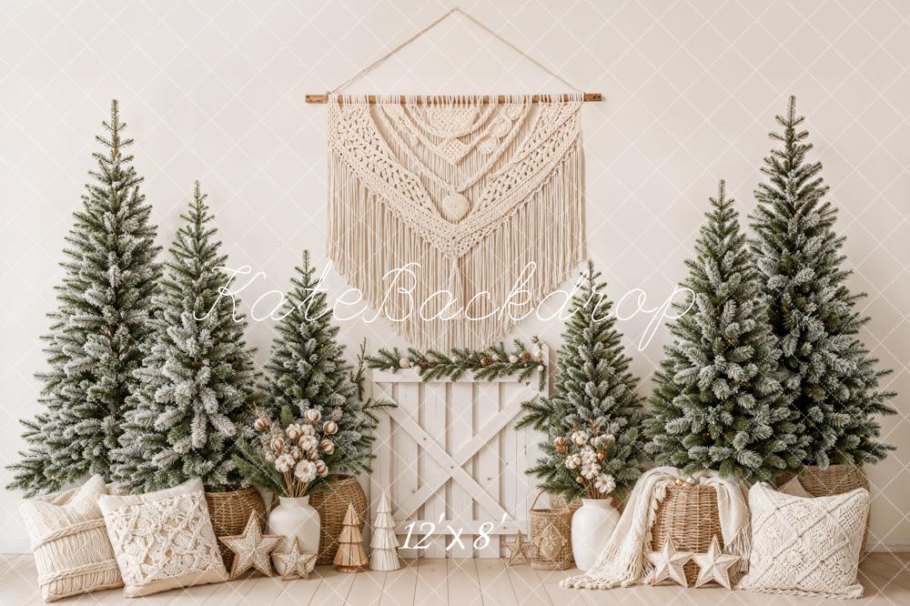 Kate Christmas Boho Snowy Pine Trees Macrame Pillows Printed Backdrop Designed by Emetselch