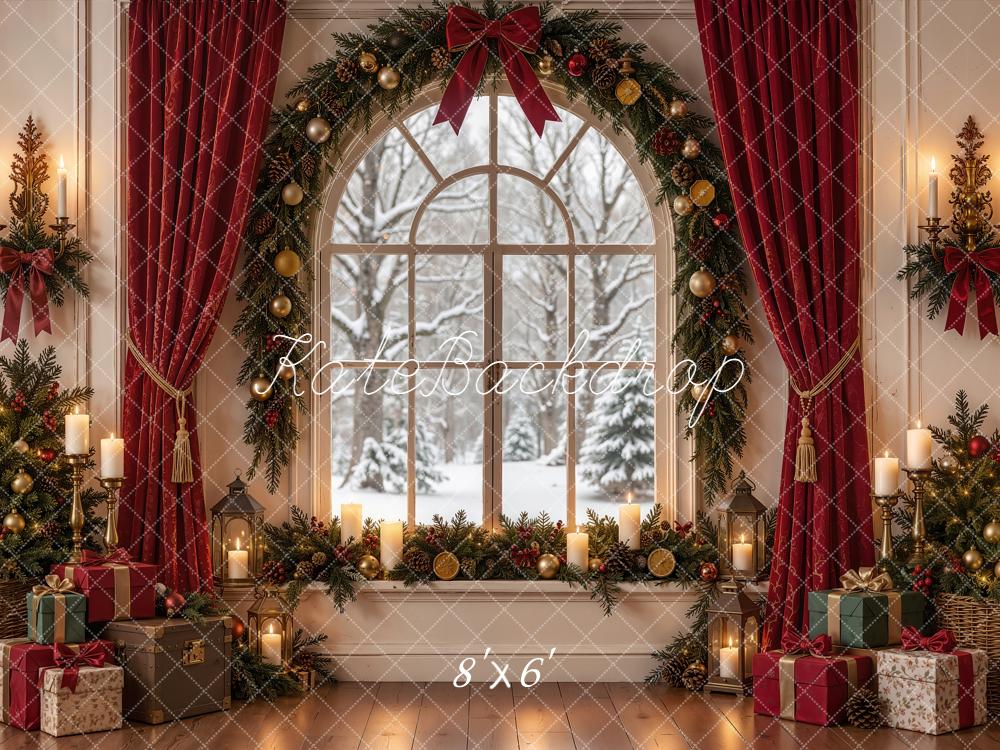 Kate Christmas Indoor Arched Window Red Curtain Garland Snowy Printed Backdrop Designed by Emetselch
