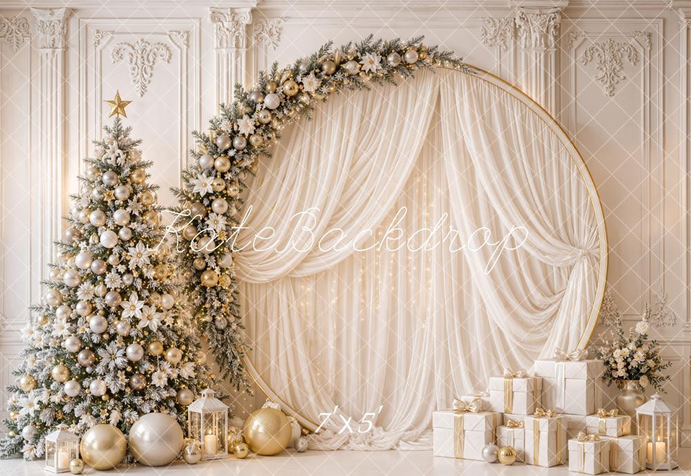 Kate Christmas Tree Gold Circle Floral Arch Drapery Printed Backdrop Designed by Emetselch