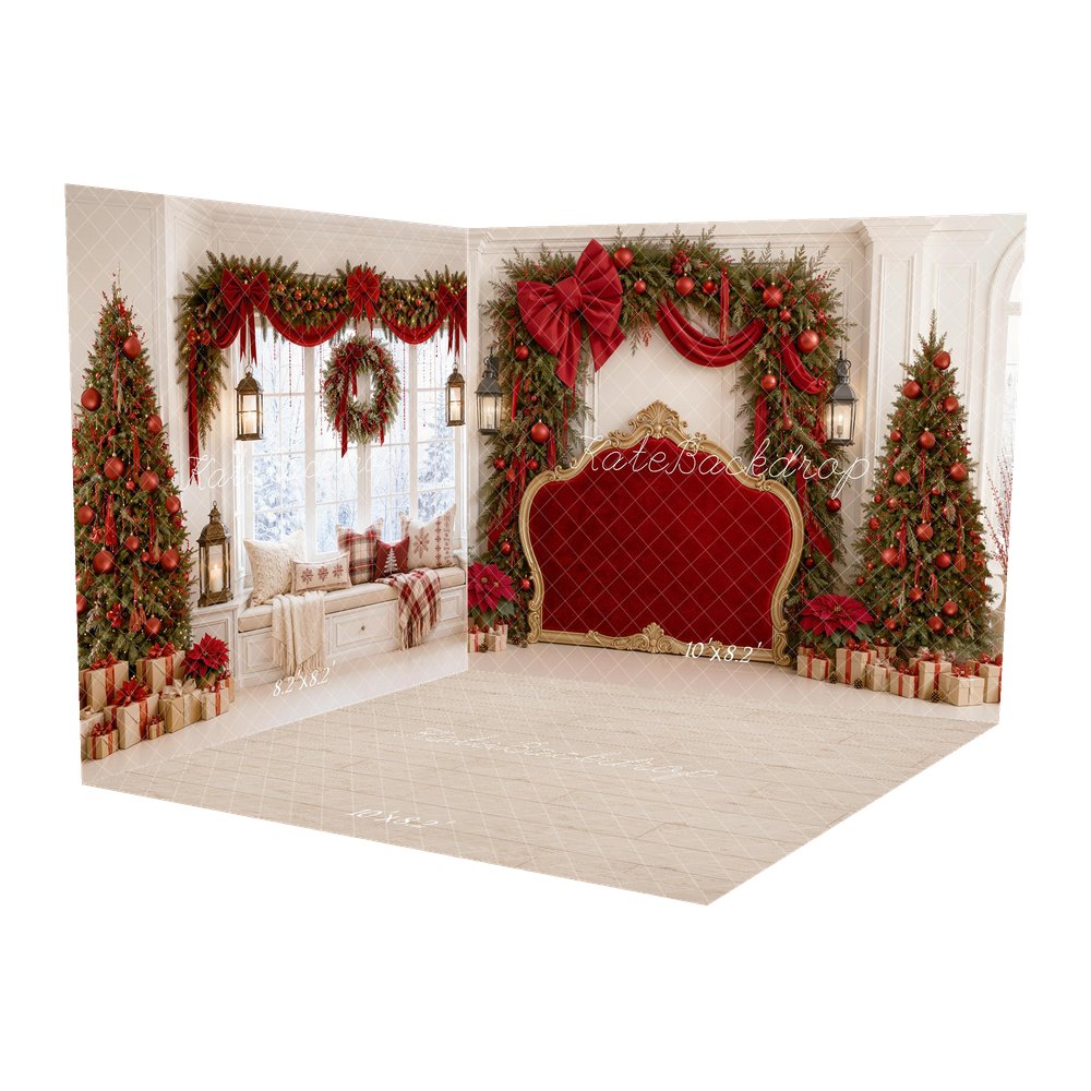 Kate Christmas Headboard Red Velvet Bow Garland Trees Printed Backdrop Room Set