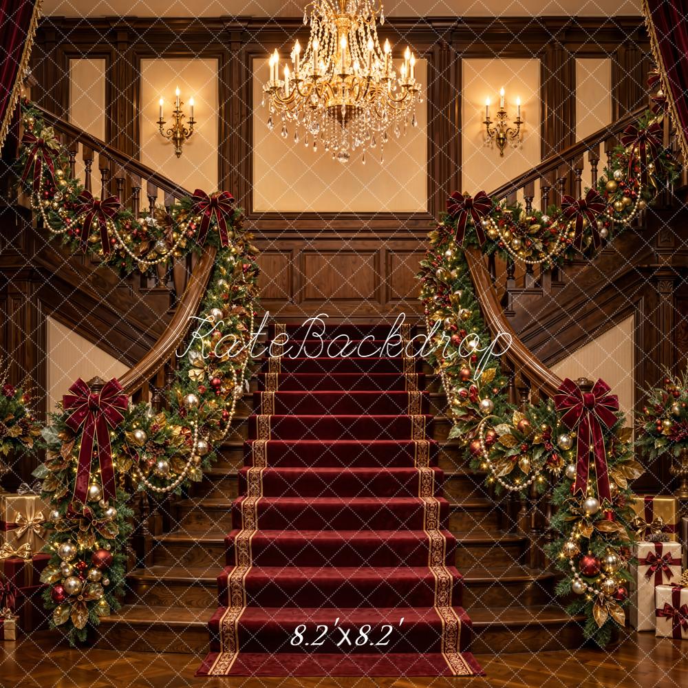 Kate Christmas Grand Staircase Chandelier Garland Red Curtains Printed Backdrop Designed by Emetselch