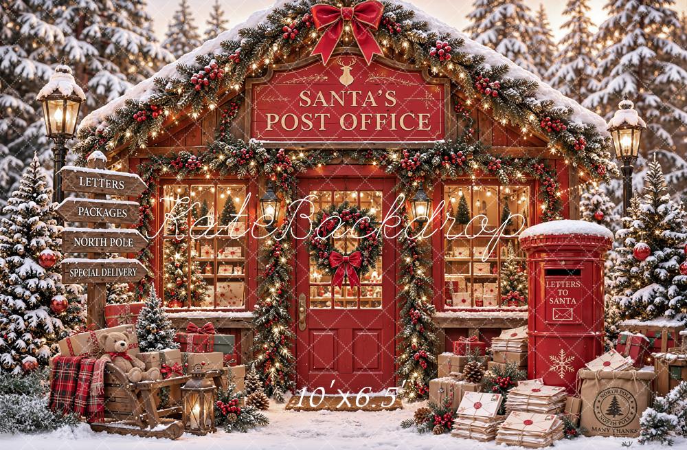 Kate Christmas Santa Post Office Mailbox Letters Snowy Printed Backdrop Designed by Emetselch