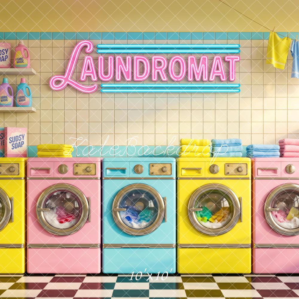 Kate Retro Pastel Laundromat Washing Machines Printed Backdrop Designed by Patty Roberts