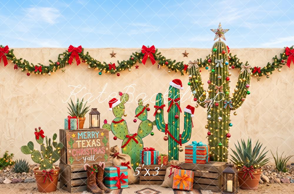 Kate Christmas Western Texas Cactus Garland Presents Printed Backdrop Designed by Patty Roberts