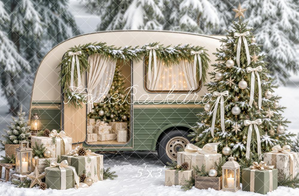 Kate Christmas Vintage Camper Tree Bows Snowy Forest Presents Printed Backdrop Designed by Emetselch