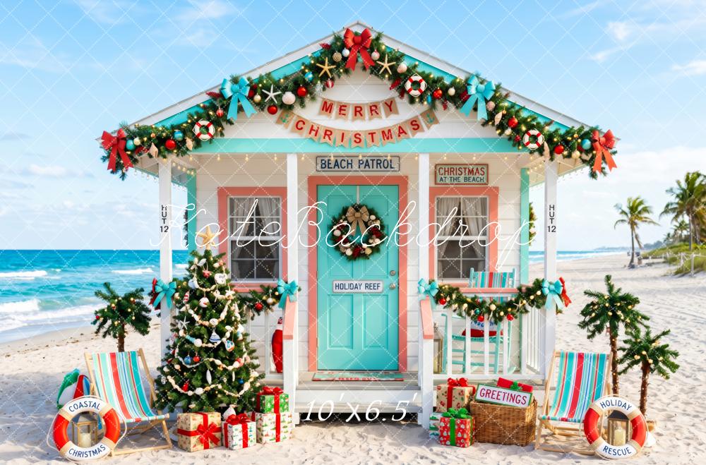 Kate Christmas Tree Coastal Beach Hut Blue Printed Backdrop Designed by Patty Roberts