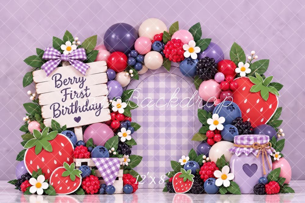 Kate First Birthday Berry Lavender Gingham Arch Printed Backdrop Designed by Laura Bybee
