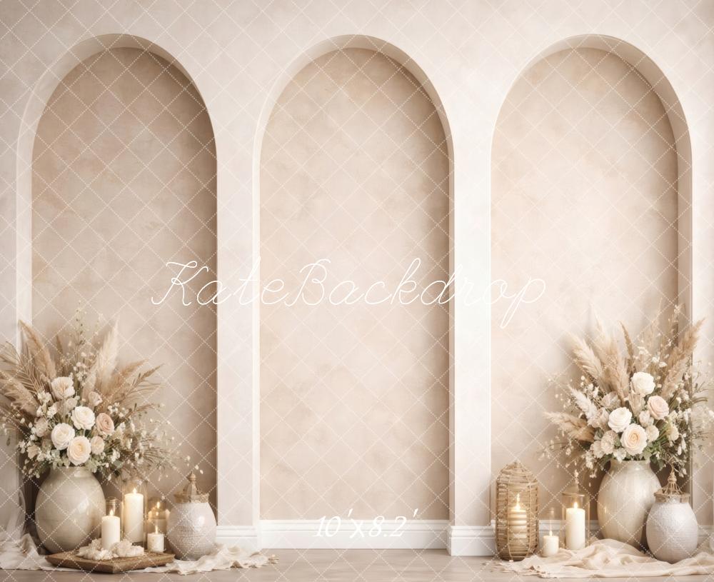 Kate Boho Arch Floral Arrangement Candles Beige Printed Backdrop Designed by Vertigo Productions