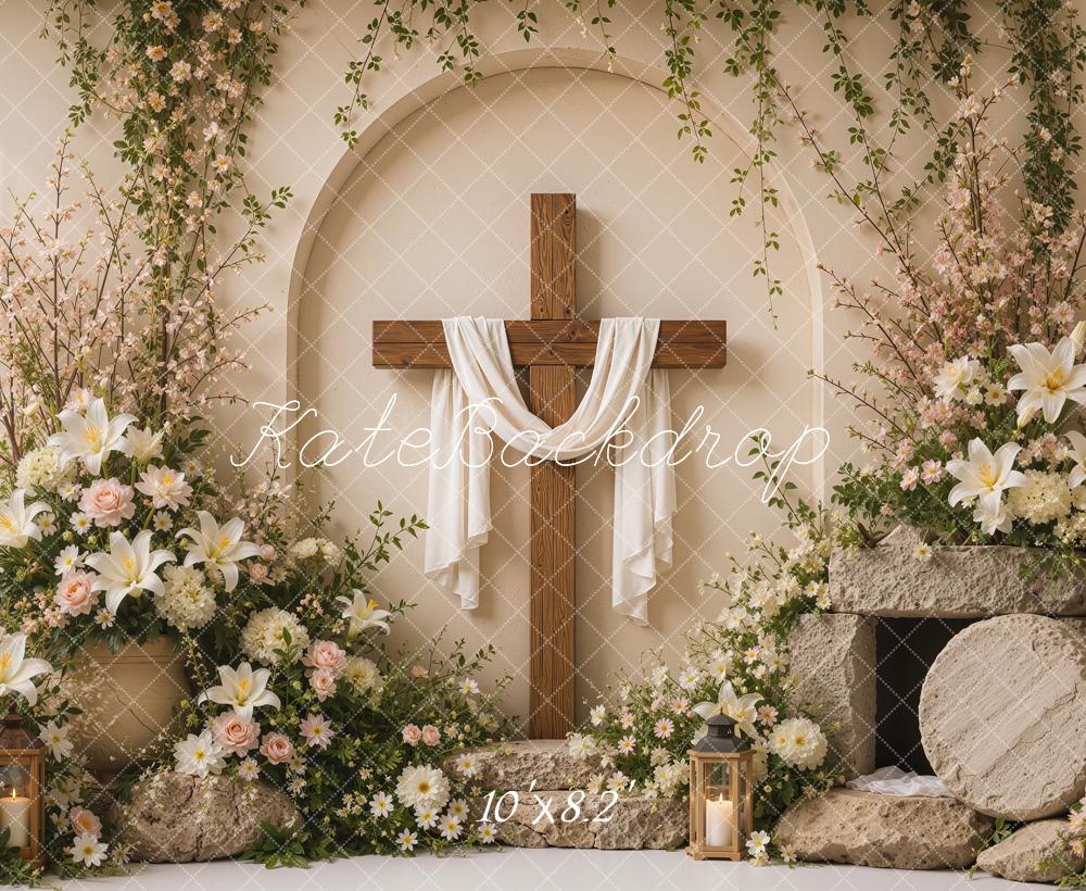 Kate Easter Resurrection Cross Beige Flower Arch Printed Backdrop Designed by Shutter Swan Studios