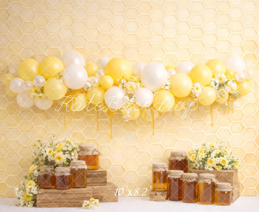 Kate Cake Smash Yellow Honeycomb Balloons Honey Jars Flowers Backdrop Designed by Megan Leigh Photography
