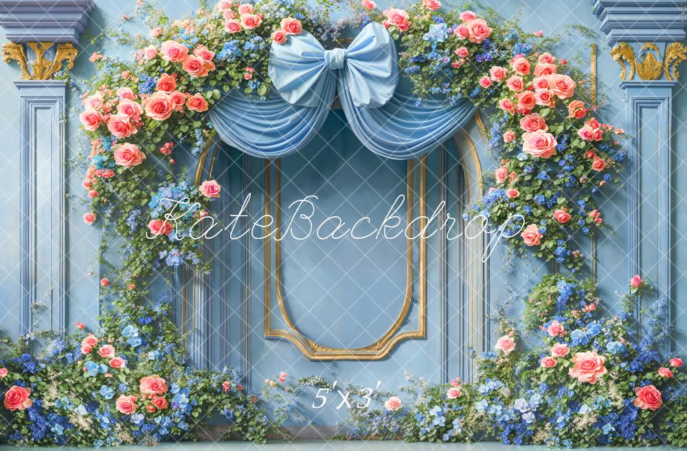 Kate Retro Floral Arch Blue Bow Framed Backdrop Designed by Emetselch