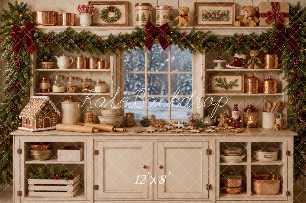 Kate Christmas White Kitchen Cabinet Garland Gingerbread Printed Backdrop Designed by Emetselch