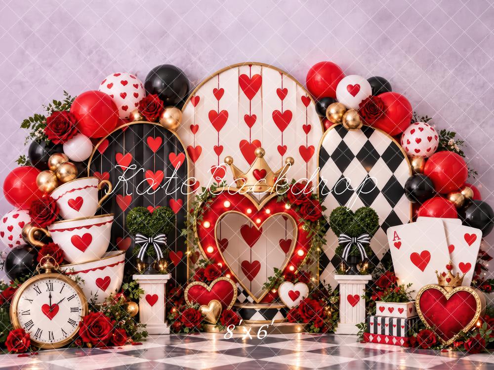 Kate Valentine's Day Red Hearts Balloons Roses Checkerboard Printed Backdrop Designed by Laura Bybee