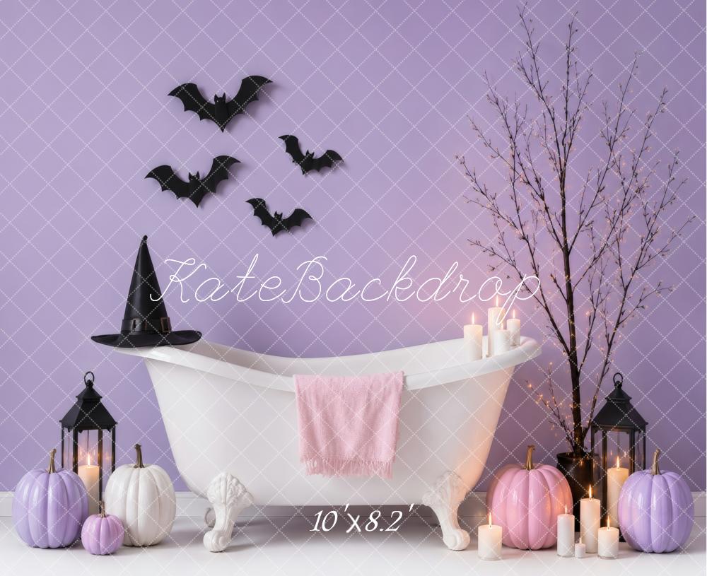 Kate Halloween Baby Shower Bathtub Purple Pumpkins Bats Candles Printed Backdrop Designed by Vertigo Productions