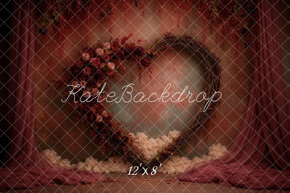 Kate Valentine's Day Burgundy Floral Heart Wreath Printed Backdrop Designed by Ashley Ward