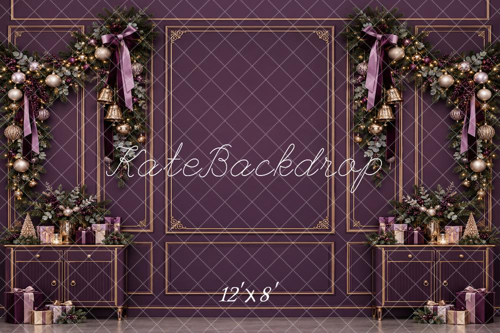 Kate Christmas Purple Garland Cabinet Gold Molding Bows Printed Backdrop Designed by Vertigo Productions