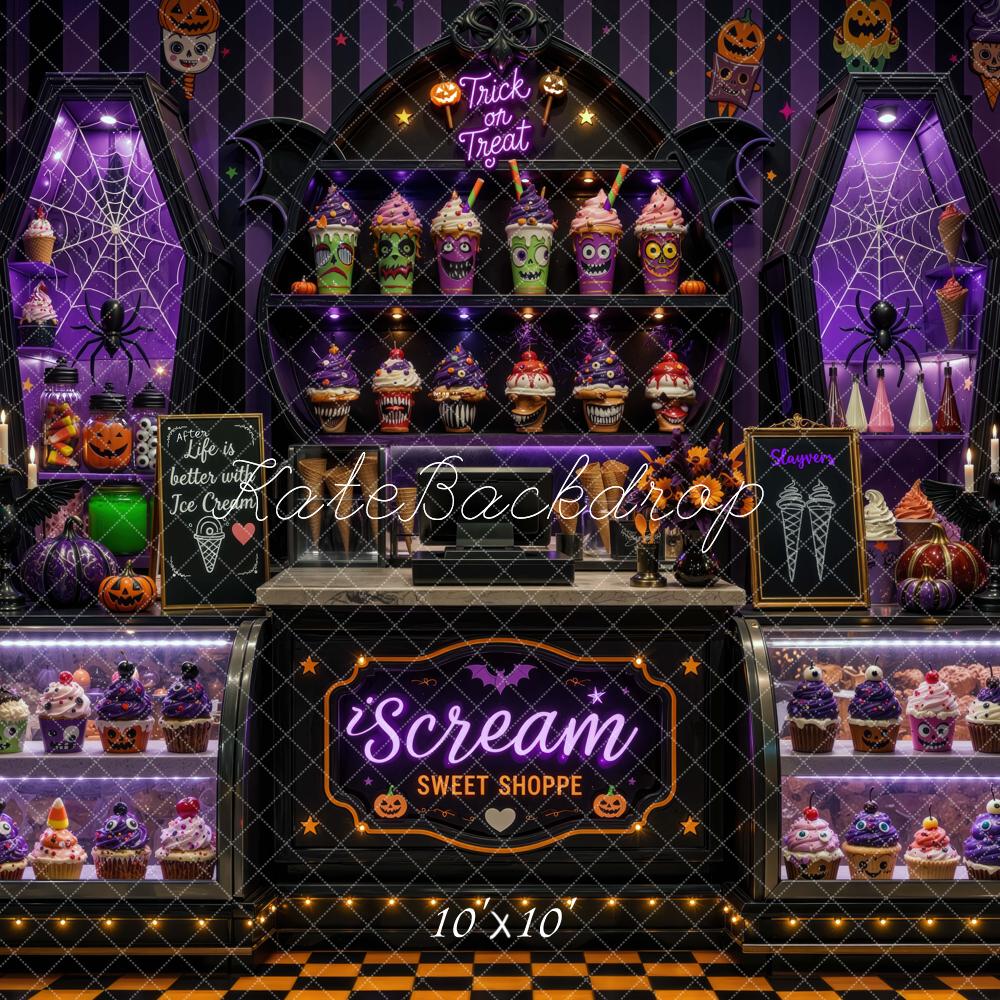 Kate Halloween Ice Cream Purple Shoppe Cupcakes Display Cabinet Printed Backdrop Designed by Mini MakeBelieve
