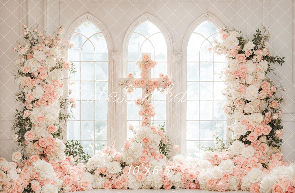 Romantische Bloemen Trouwen Cross Arched Window Foto Achtergrond Designed by Emetselch