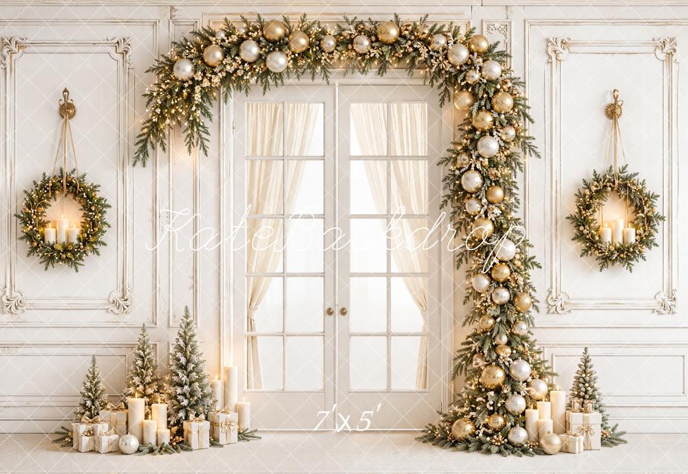 Kate Christmas White Gold Garland Wreaths French Doors Printed Backdrop Designed by Emetselch
