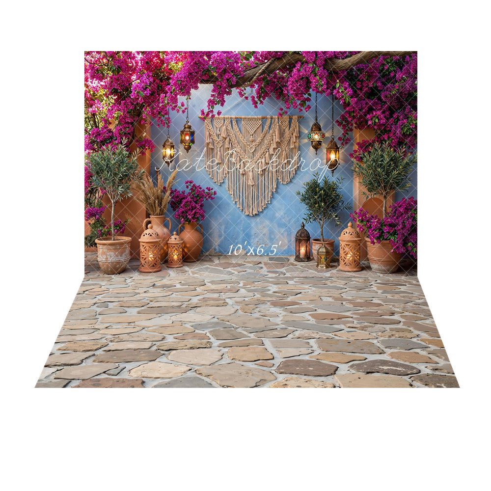 Kate Boho Macrame Pink Flower Arch Lanterns Terracotta Pots Blue Wall Backdrop+Cobblestone Floor Backdrop